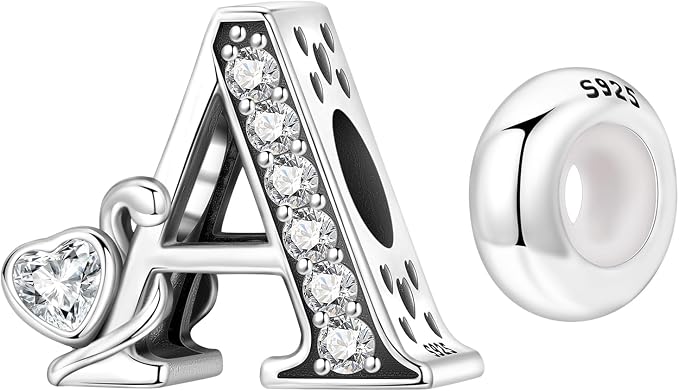 Charm de letra de plata de ley 925 de la A a la Z con diseño 3D y circonitas