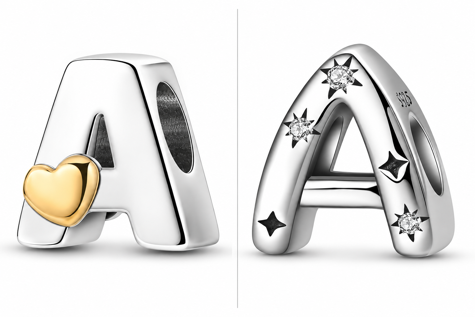 Charm de letra de plata de ley 925 de la A a la Z con corazón y circonitas