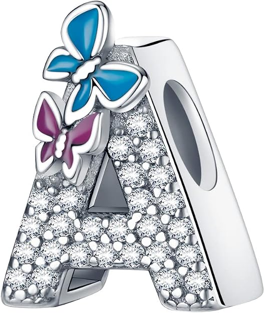Charm de letra de plata de ley 925 de la A a la Z con mariposa para pulsera