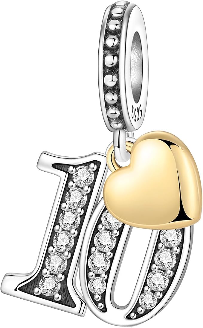 Charm de número de plata de ley 925 con circonita y corazón para pulsera