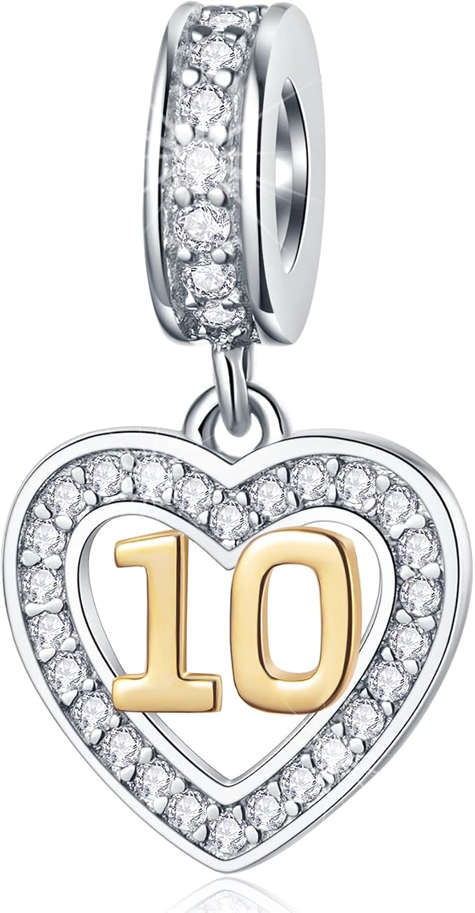 Charm de número de plata de ley 925 del 10 al 80 con corazón dorado para pulsera