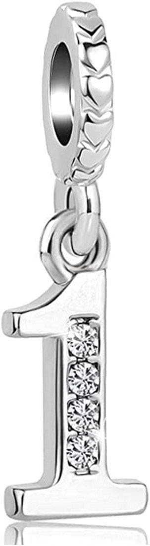Charm de número de plata de ley 925 del 1 al 9 con corazones para pulsera