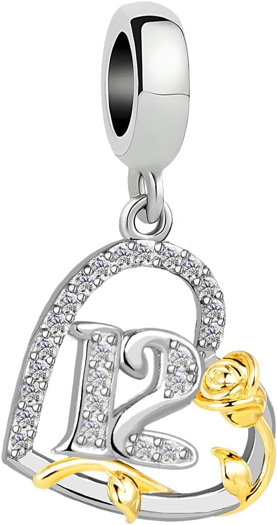 Charm de número de plata de ley 925 con flor rosa dorada para pulsera